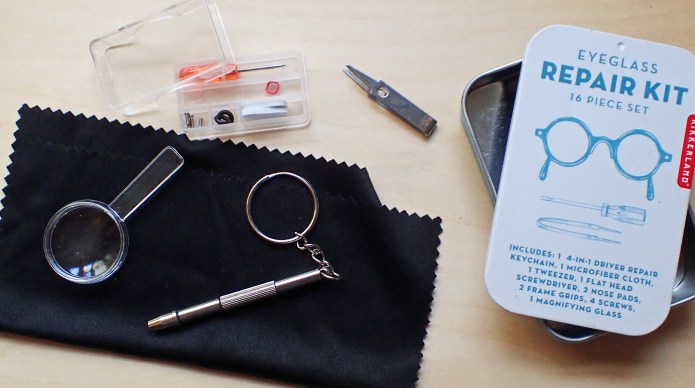 Many cheap product 'pound shops' sell smal kits for maintaining glasses, also found online. These frequently contain a small pair of tweezers