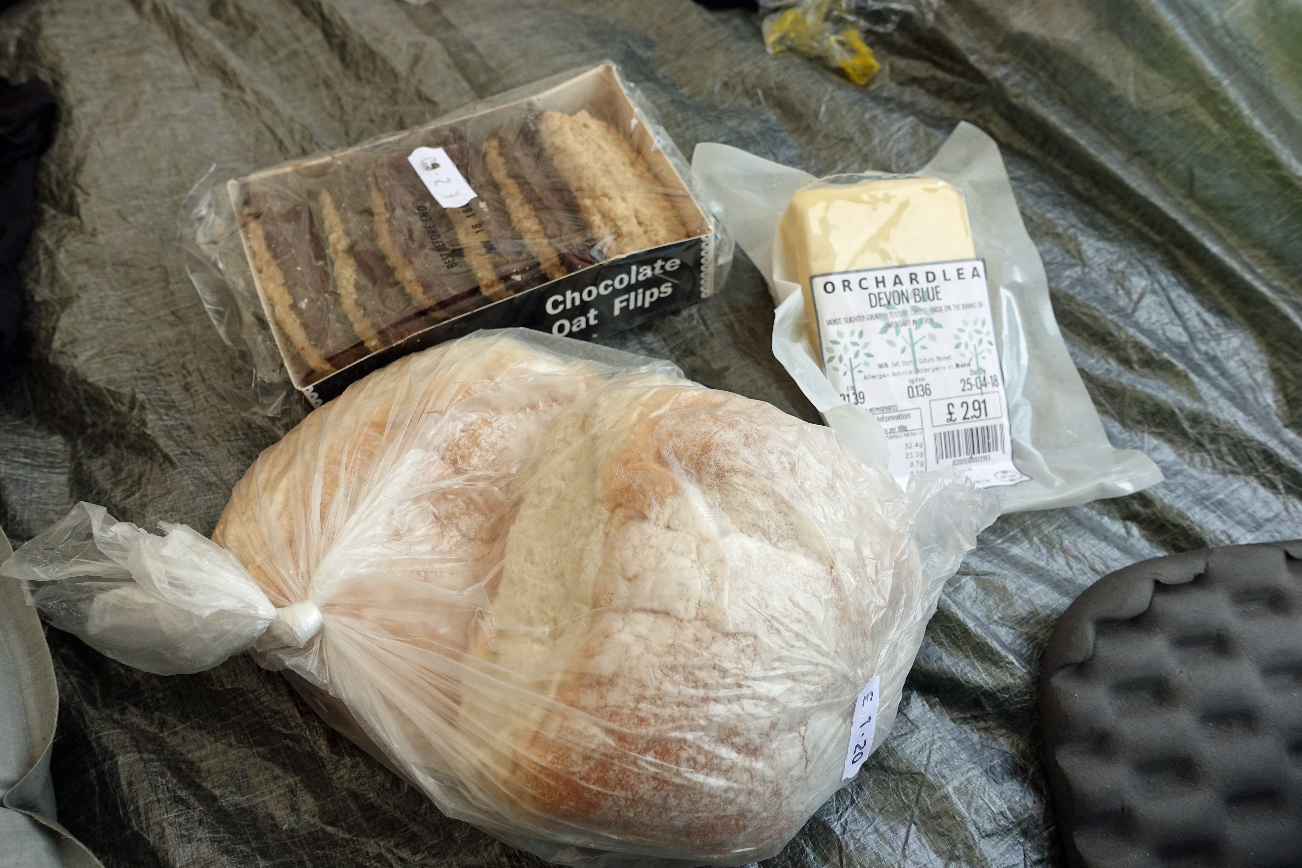 A loaf of organic bread, Devon Blue cheese and oat and chocolate snacks. Purchased from a small shop beside trail, enough to provide lunch for at least three days