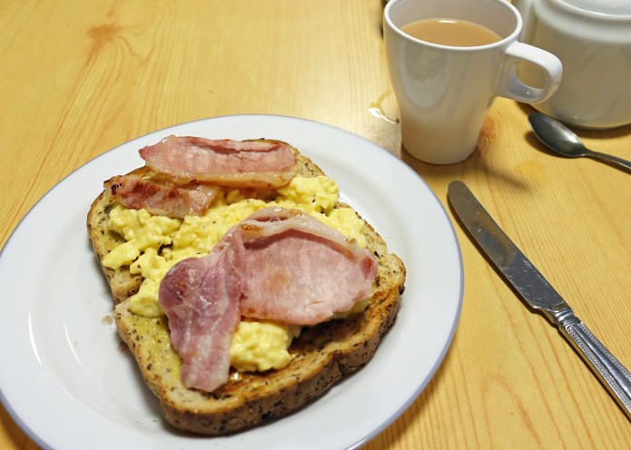 A (very slightly) healthier breakfast option. Grilled bacon with scrambled egg on wholemeal toast at YHA Hawes