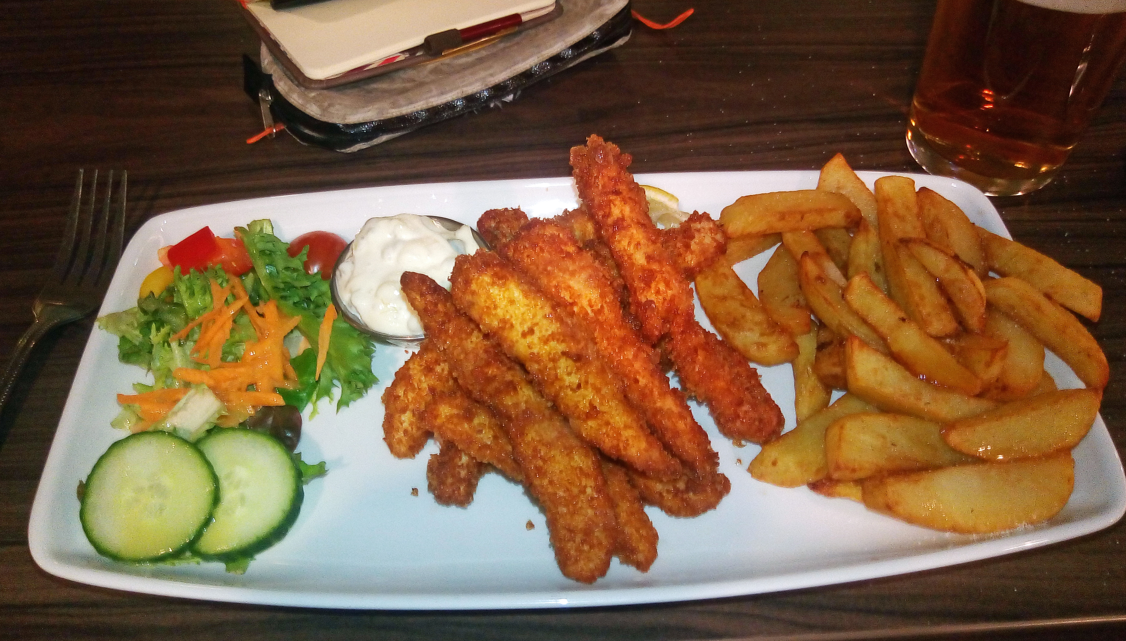 Deep fried chicken with chips, with small side salad. Approaching John O'Groats