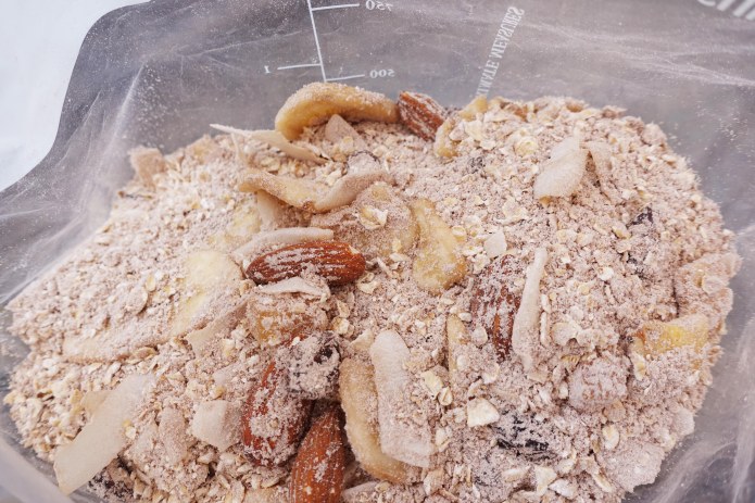 A breakfast mix can be prepared from whatever ingredients can be found in local shops passed on trail- this is porridge oats, milk powder, chocolate whey, dried banana and sultanas with almonds. I can be eaten hot or cold, or even spooned in dry with mouthfulls of water