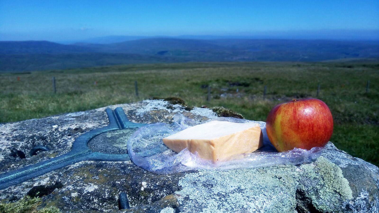 A first lunch after rejoining trail after a town- fresh fruit and cheese