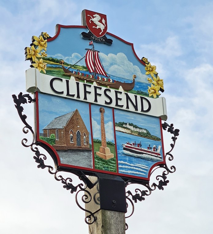 Village sign at Cliffsend informs us of a diverse local history encompassing both Vikings and Hovercraft