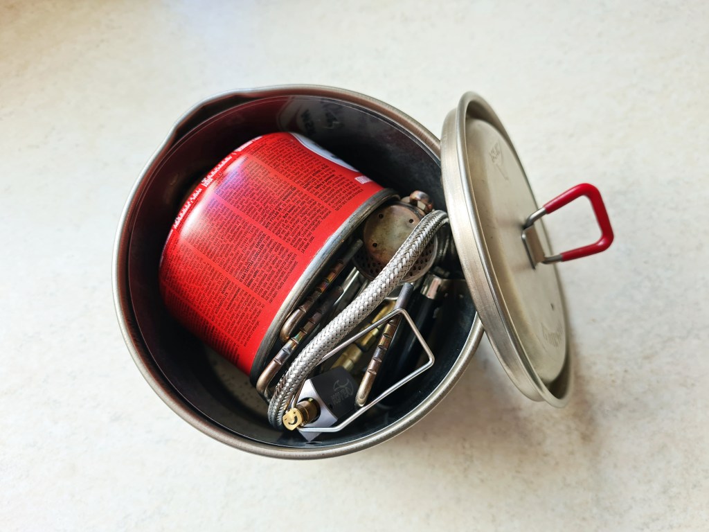 Kovea Spider stove, gas cart, lighter and windshield easily fit into MSR Titan Kettle