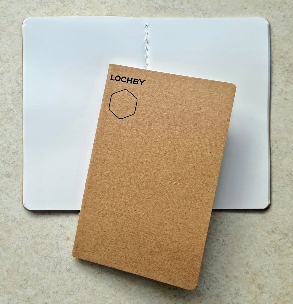 Lochby- 72 pages of 68gsm white Tomoe River paper, stitched binding, lies flat.  3.5" x 5.5"