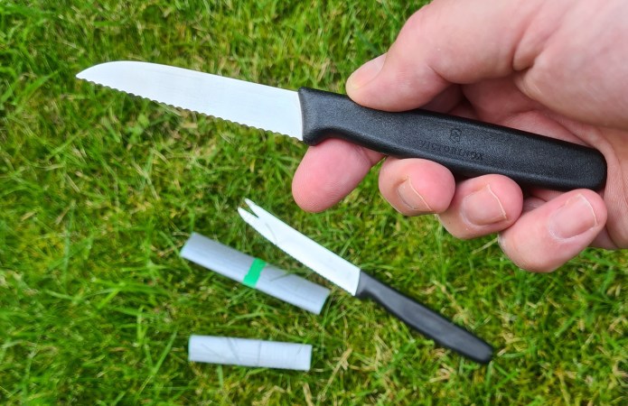 Fixed blade paring knife and bar knife from Victorinox- used by Three Points of the Compass on family camping trips twenty years ago