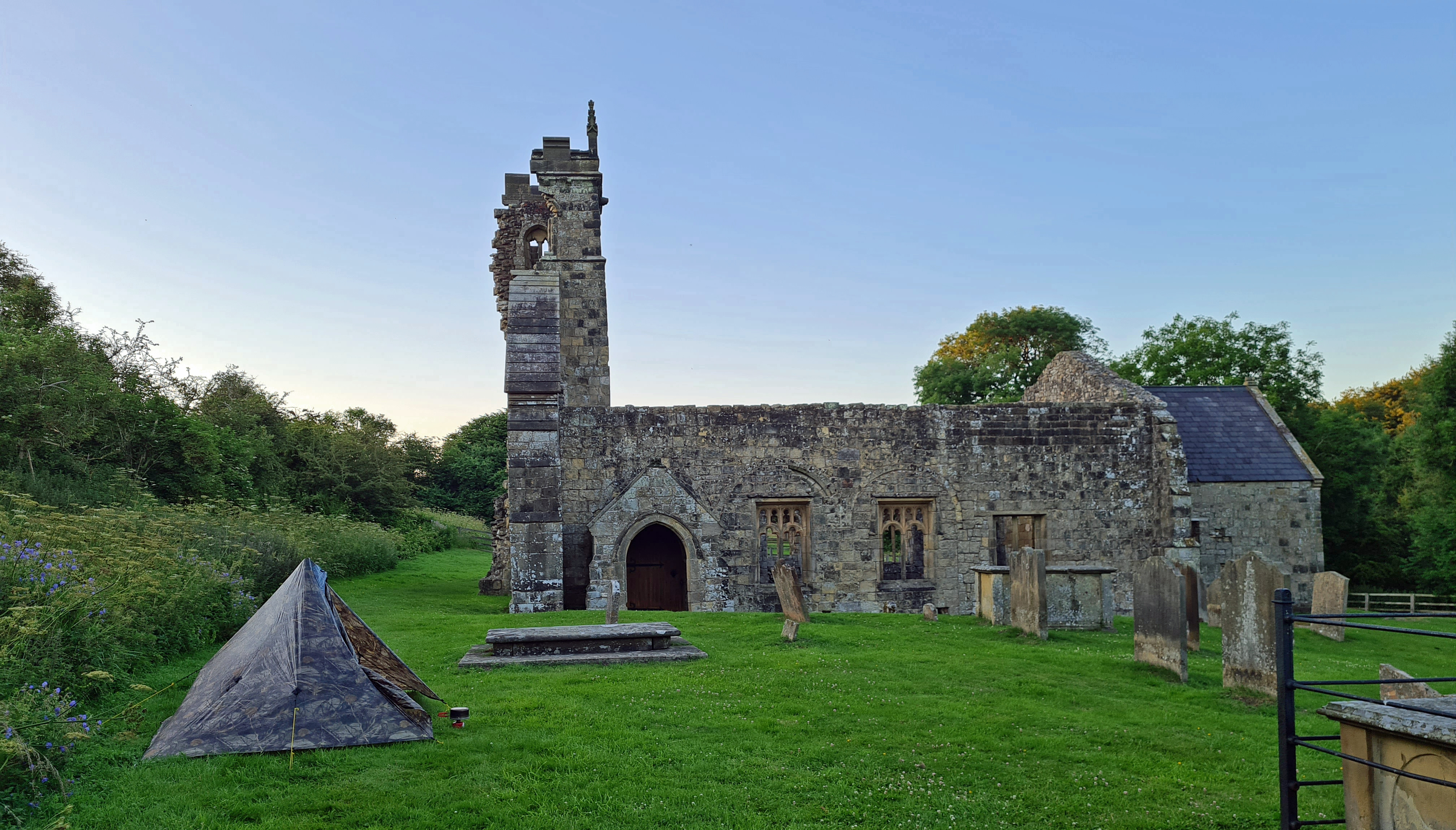 I arrived late enough at the medieval village of Wharram Percy that the day's visitors had all gone home. A good level pitch was found beside the ruined remains of the church, the best preserved element of this fascinating site. I found time in the evening's low light to join the Pipestrelles on the slopes above. Both to find a signal to message Mrs Three Points of the Compass, and to look around the outlines of the ancient dwellings once found there