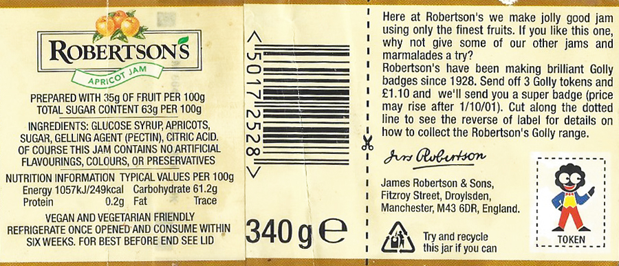 Label from rear of a jar of Robertson's Apricot Jam. Golly tokens were cut from these and sent in to claim a badge