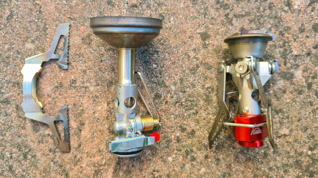 Soto Windmaster with detached TriFlex pot support and MSR Pocket Rocket 2