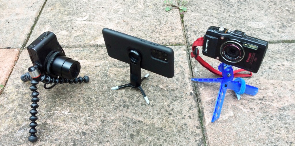 GorillaPod 325 with Sony RX100, Pedco Micro with Qual Lock tripod adapter attached to Samsung S20, UltraPod with Olympus TG-4