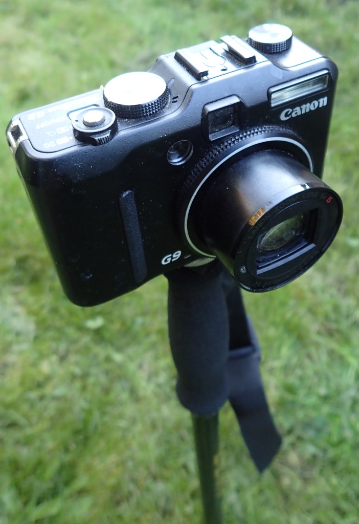 Leki Sierra trekking pole has a 1/4" camera mount beneath the wood handle and can be used as a monopod. This is my Canon G9 mounted on it in 2015