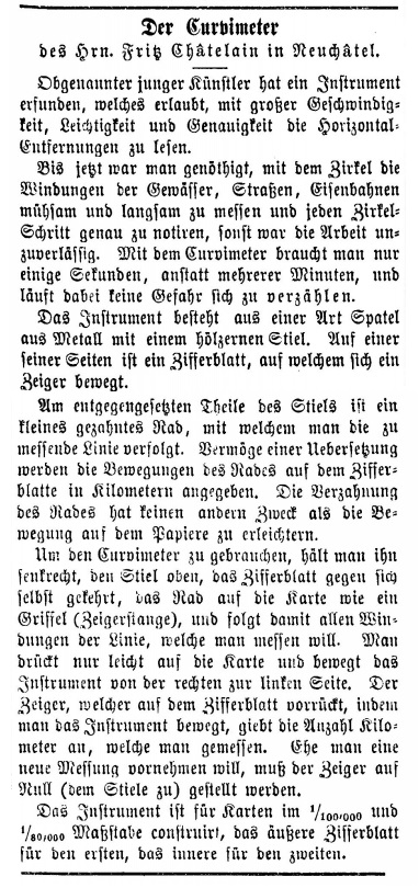 ‘Der Curvimeter’- map measure is mentioned in a Swiss military newspaper in 1878