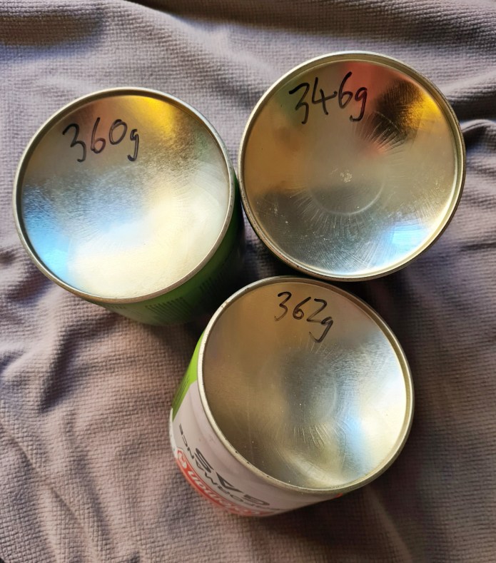 Weighing canisters following purchase can reveal some unwanted surprises. Here are three brand new identical canisters with weights 346g, 360g and 362g