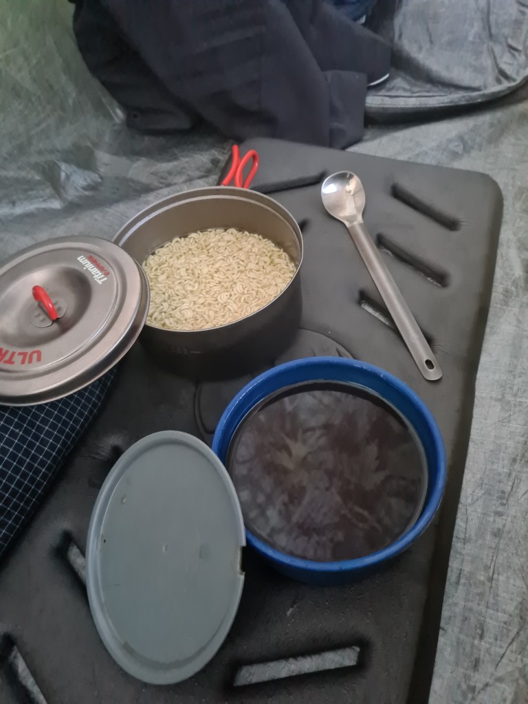 First evening meal of hot oxo and noodles