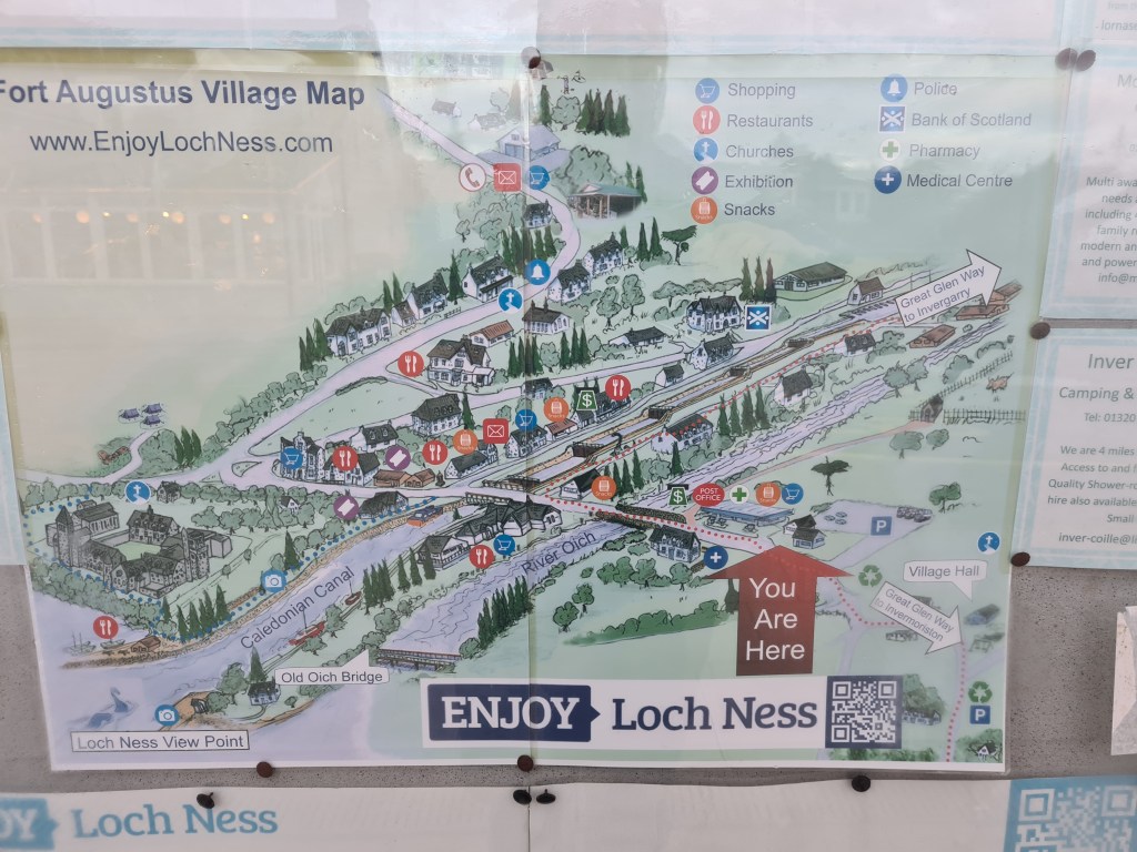 Fort Augustus is at roughly the halfway point on the Great Glen Way and has accommodation, pubs, food outlets, shop and public w/c