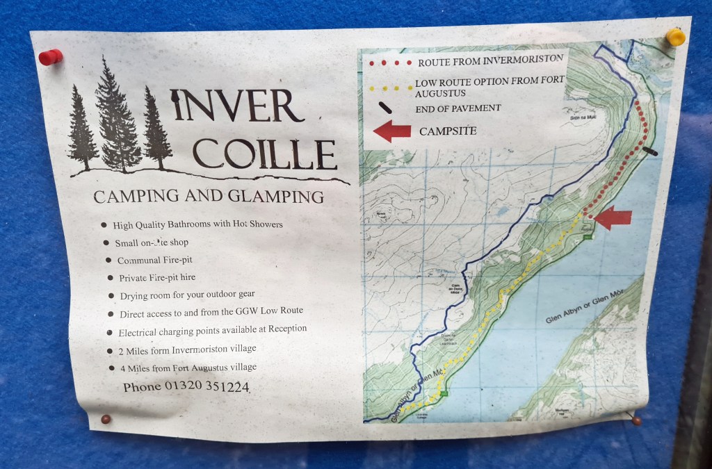 I never visited the location, but the the low level route out of Fort Augustus passes close by a camping anf glamping site at Invercoille
