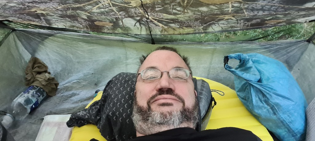 The morning after a decent nights sleep on trail. Note that my Buff is begining to slip off my Pod pillow. Great Glen Way, November 2021