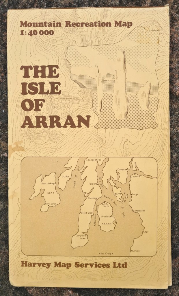 Early Mountain Recreation Map from Harvey Map Services. Isle of Arran at 1:40 000 scale. This is a non-waterproof map but was also available in a waterproof edition. Other waterproof maps available at the time were for Borrowdale, Dartmoor, Helvellyn, Howgill Fells, Peak District, The Rhinogs, Scafell and Strathyre. This 1984 revised edition relied on photogrammetric and field surveys based on air photographs completed in 1972