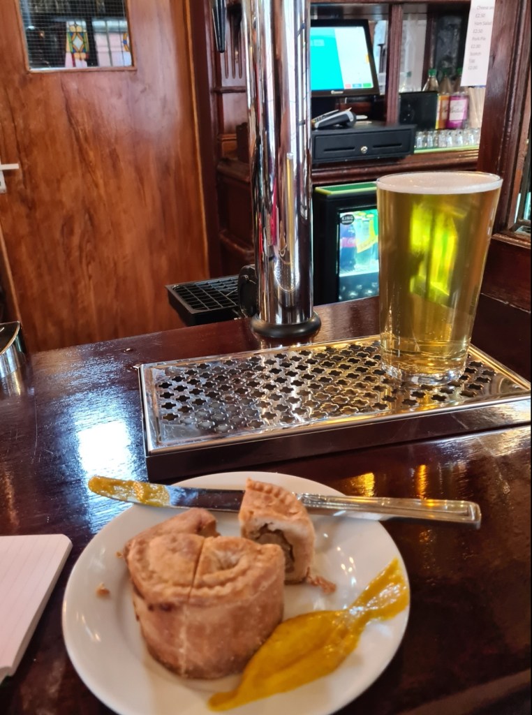 Pork Pie with plenty of English mustard at the White Swan. All the food groups covered
