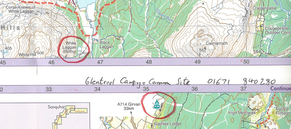 Simple map annotation. A couple of possible overnight halts marked with pencil. A phone number in ink
