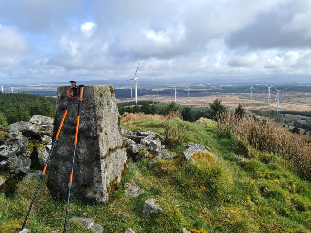 Atop Ochiltree Hill the Galloways can be seen ahead. Spinning 360 degrees shows wind turbines in every direction