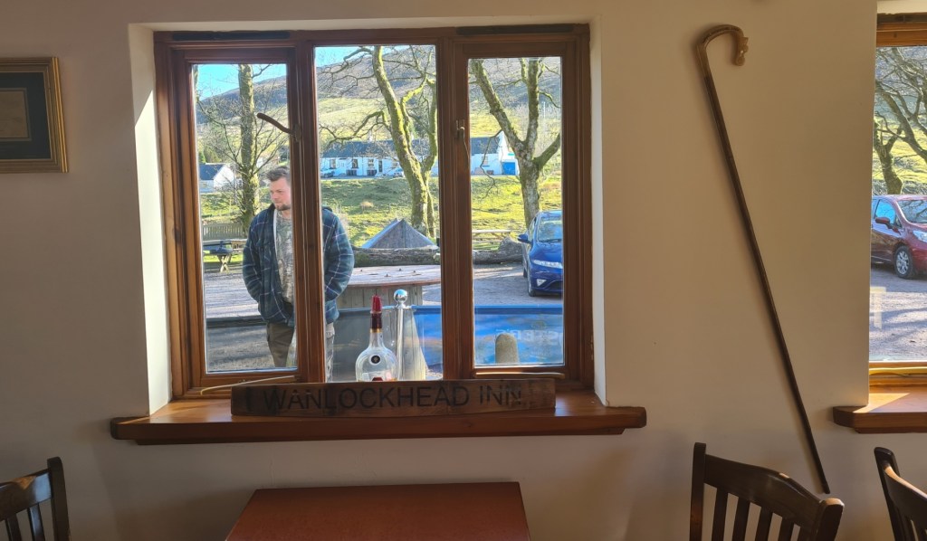 On day eight, from the dining room of the Wanlockhead Inn, I could see my Duplex pitched on the other side of the carpark