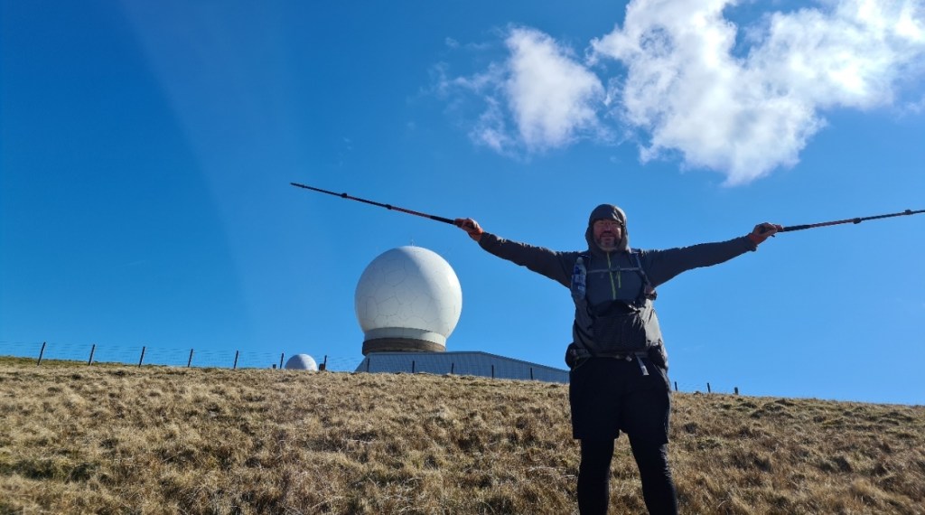 Pausing at the radar station on Lowther Hill. At 725m (2378ft) this is the highest point on the Southern Upland Way