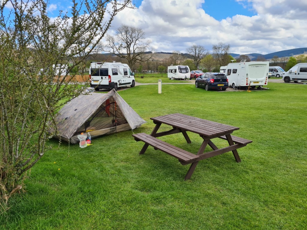 Sheltered quiet pitch for two nights at the immaculate Camping and Caravanning site, Moffat