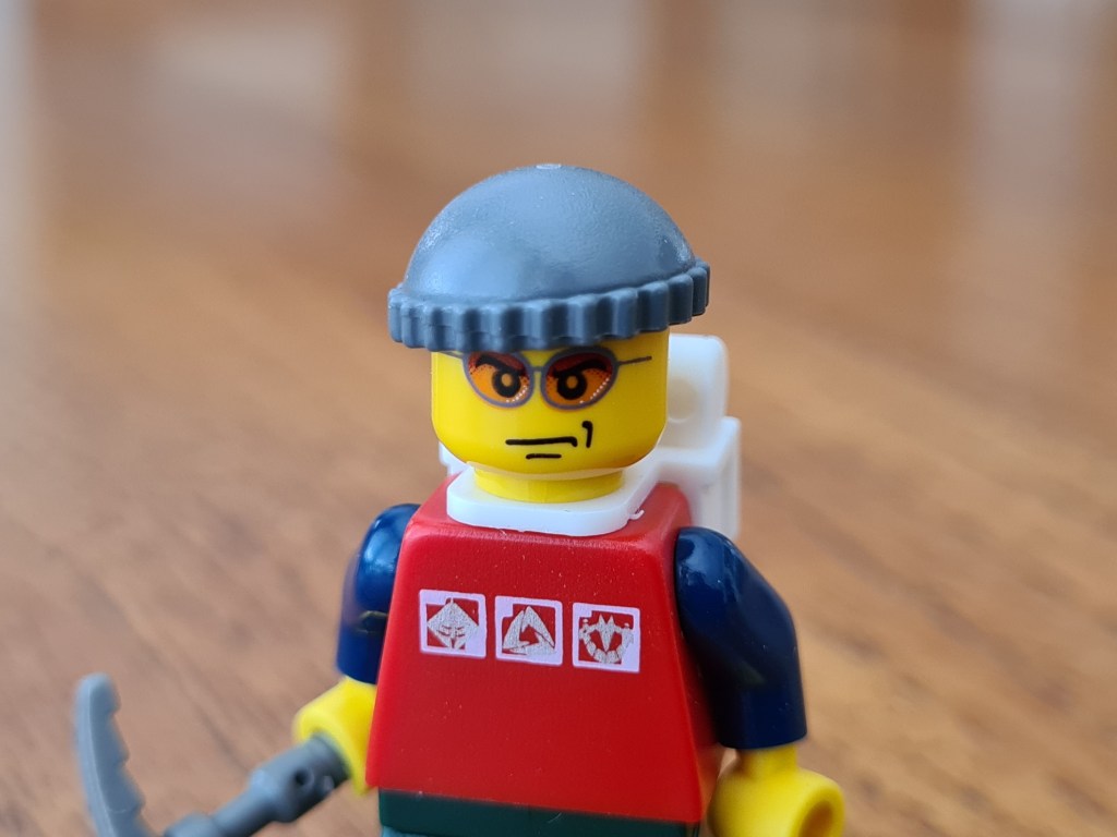 Lego Hiker from 2008 is the grumpiest of our backpacking minifigures