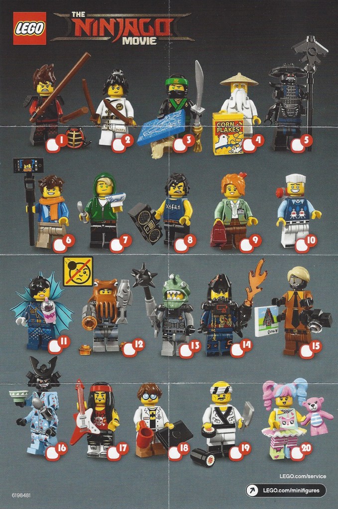 Leaflet that accompanies minifigure in bag lists the twenty figures in this series. Assembly instructions for minifigures 3, 4, 5, 6,11,12 and16 are shown on the reverse