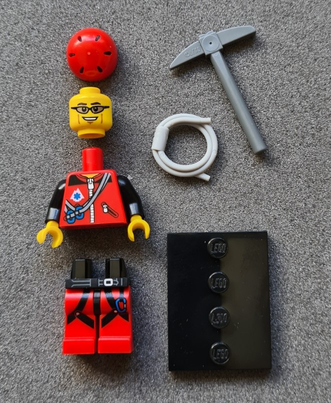 There are seven parts to Lego Climber, including his rope, climbing axe, and plinth