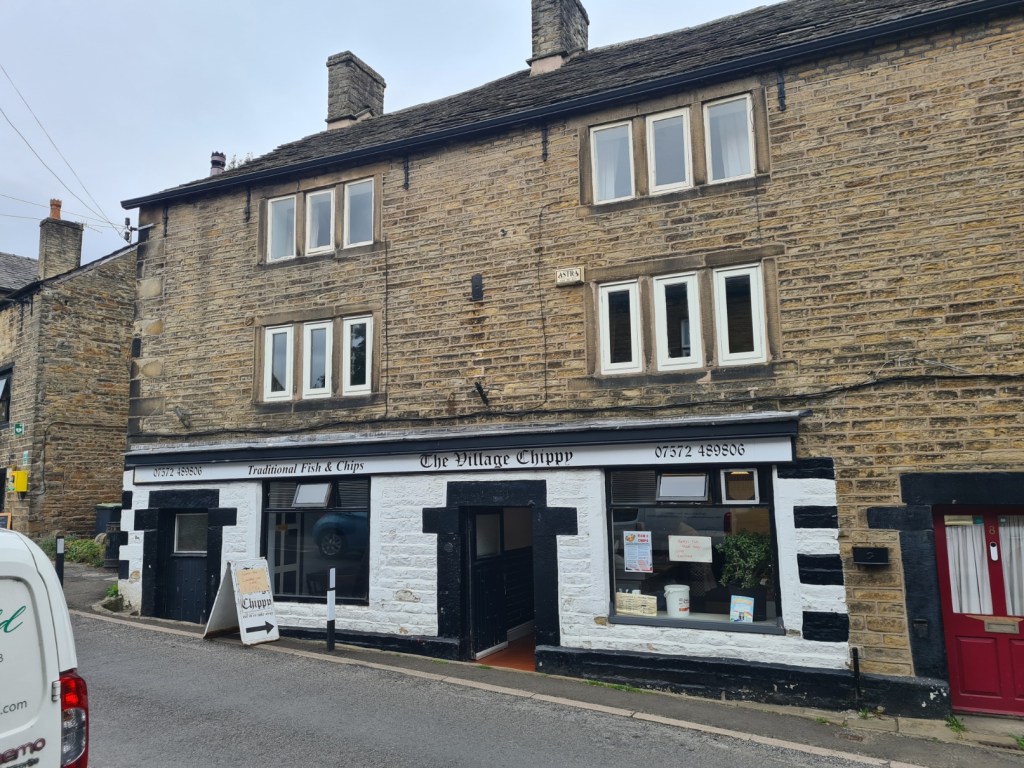 Lunchtime halt at Hayfield on the Pennine Bridleway. I ate in the little room to the left of the main door. That half of the chippy is to be converted and sold as a residential property. Offers over 2.5 million pounds please....