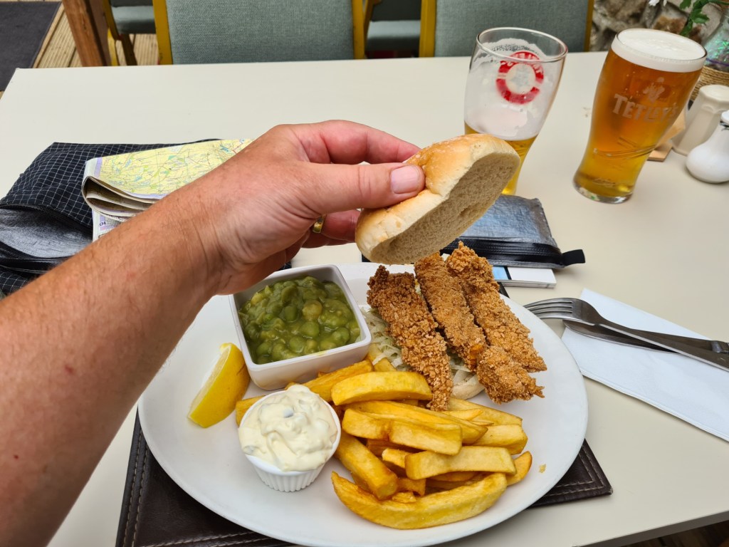 Posh Fish Finger Sandwich and chips, plus a couple of decent pints of beer. It's called feeding the inner man