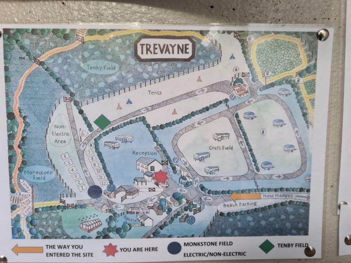The layout of Trevayne Farm campsite. I had paid in advance and arrived long after receptipon had closed and staff had left. They had left me a note directing me to Tenby Field