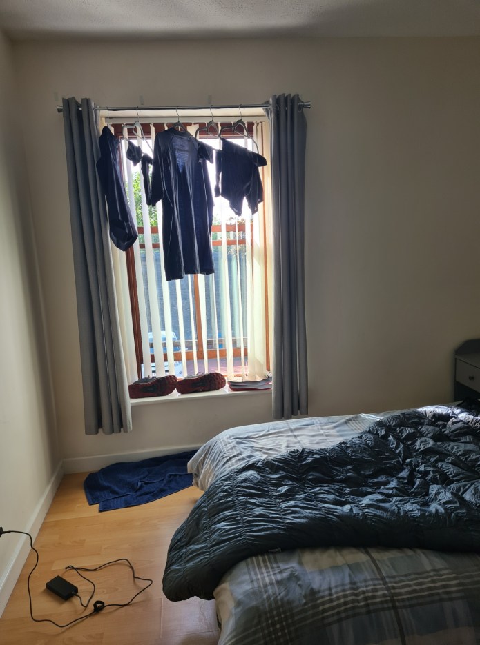 Washed hiking clothes hung to dry