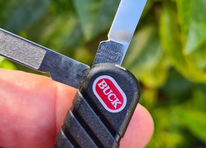 Two knife maker brands on the same tool. Buck on the scale and the Wenger identifier is stamped on the blade tang. Front: Wenger/Delémont/Switzerland/Stainless. Rear: W/WENGER