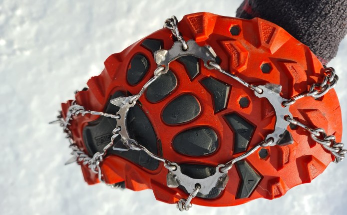 Microspikes over forefoot of Altra Lone Peak shoes