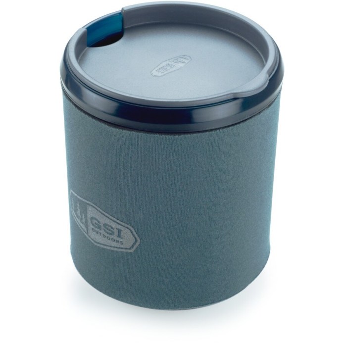 Early version of GSI Infinity mug with sipper lid and insulating sleeve