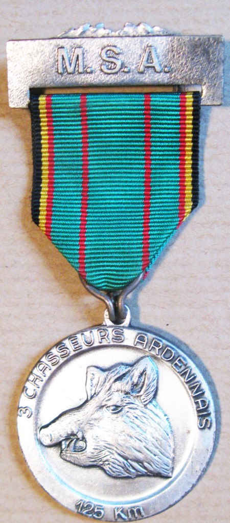 Medal for 125km Marche du Souvenir et de L'Amitie. Obverse. M.S.A. on top bar. Awarded to Three Points of the Compass in 1982