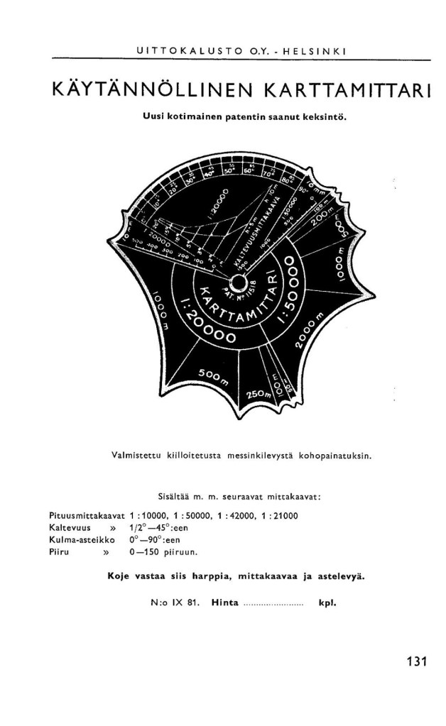 Karttamittari measure shown in Uittokalusto O.Y. 1938 catalogue