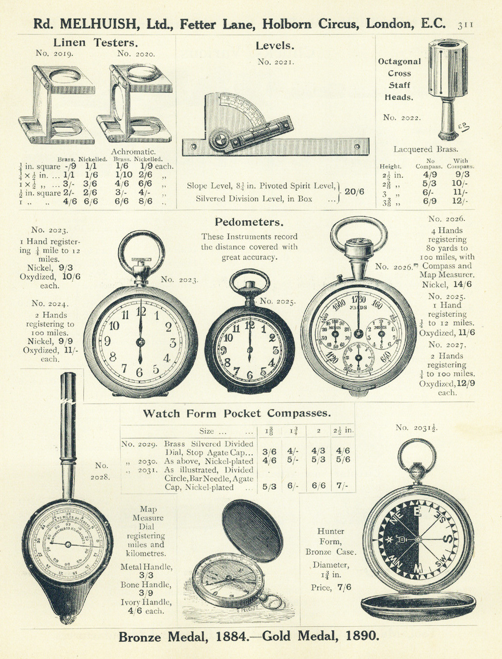 Richard Melhuish 1913 catalogue page showing pedometers and map measures.