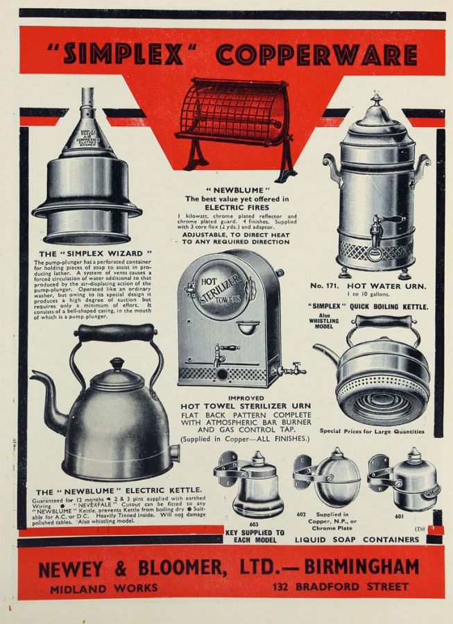 1938 advertisement includes the Simplex Quick Boiling Kettle, with heat exchanger