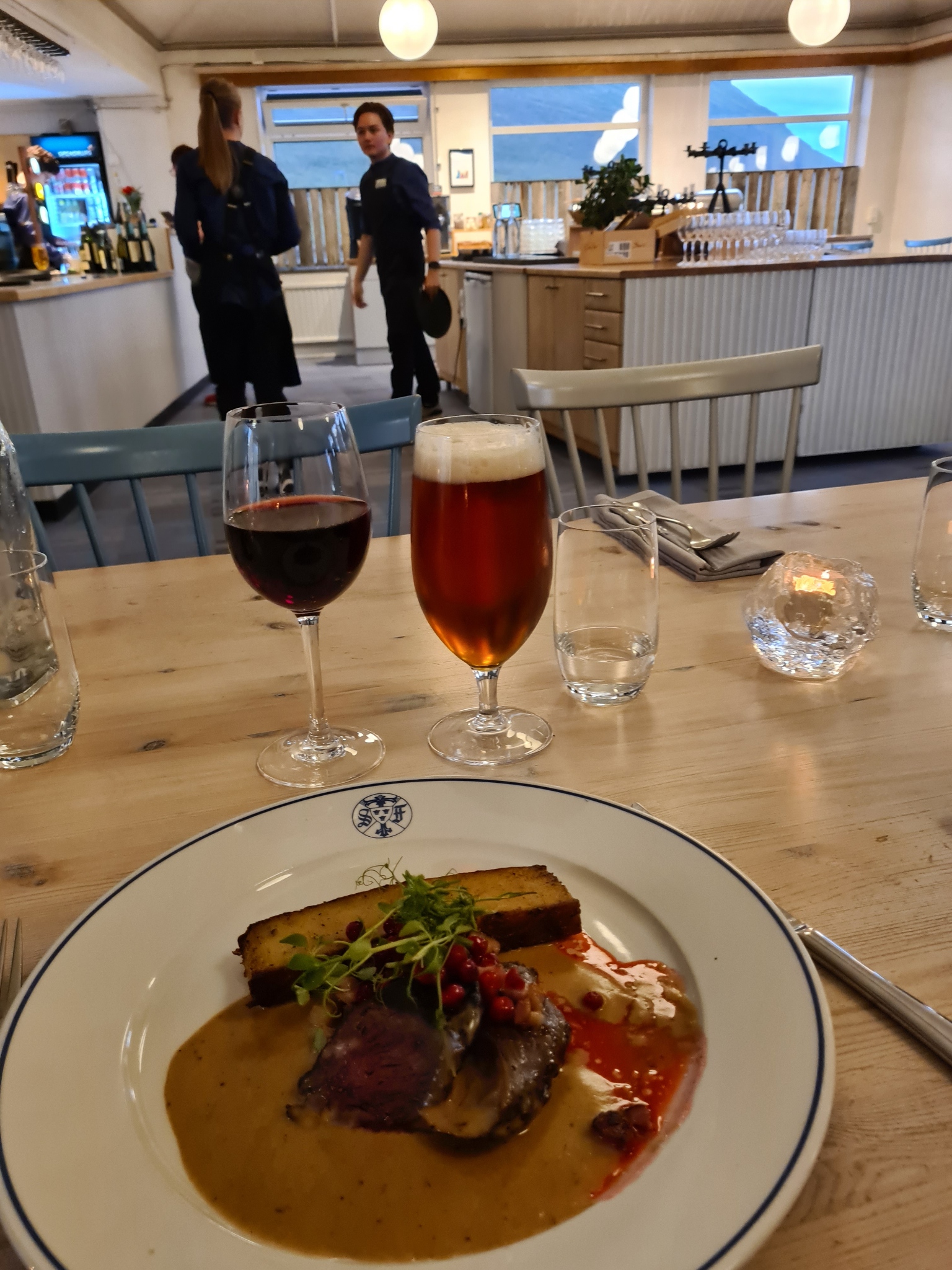 Celebratory evening meal of reindeer steak at Restaurant Kungsleden, Abisko Turiststation