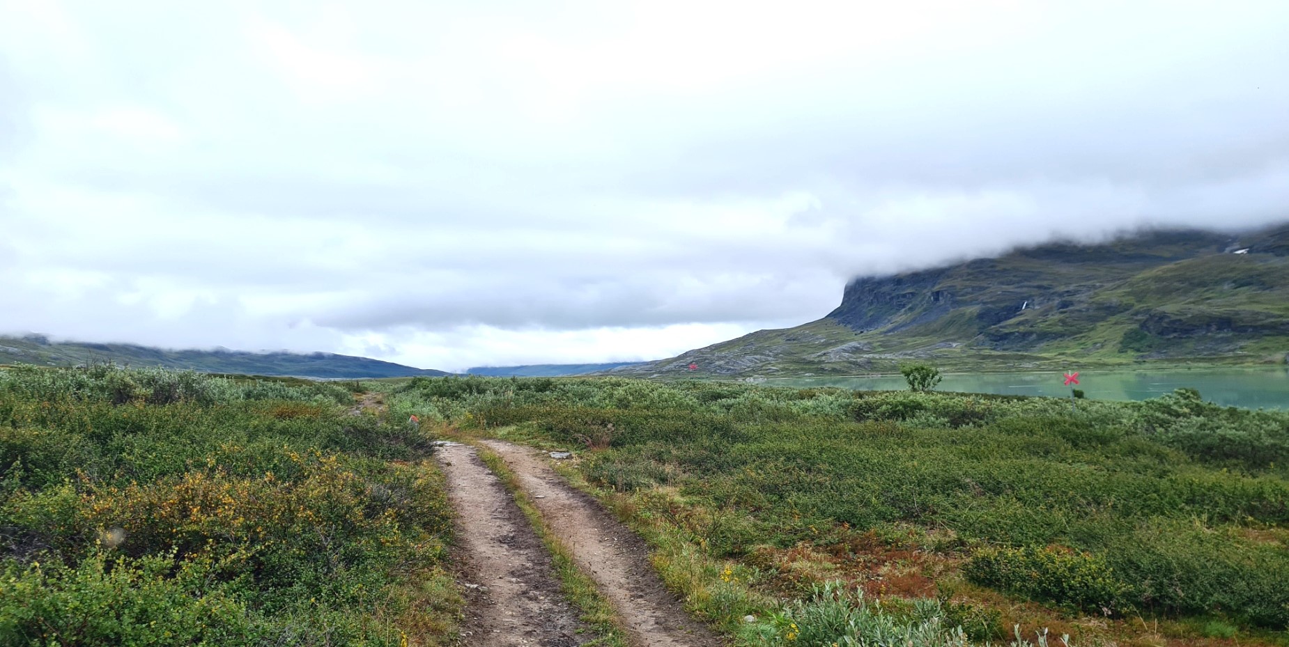 The trail handrails the lake and passes through extensive low lying vegetation. The three peaks of Miesakcohkkas on the east shore are hidden by cloud