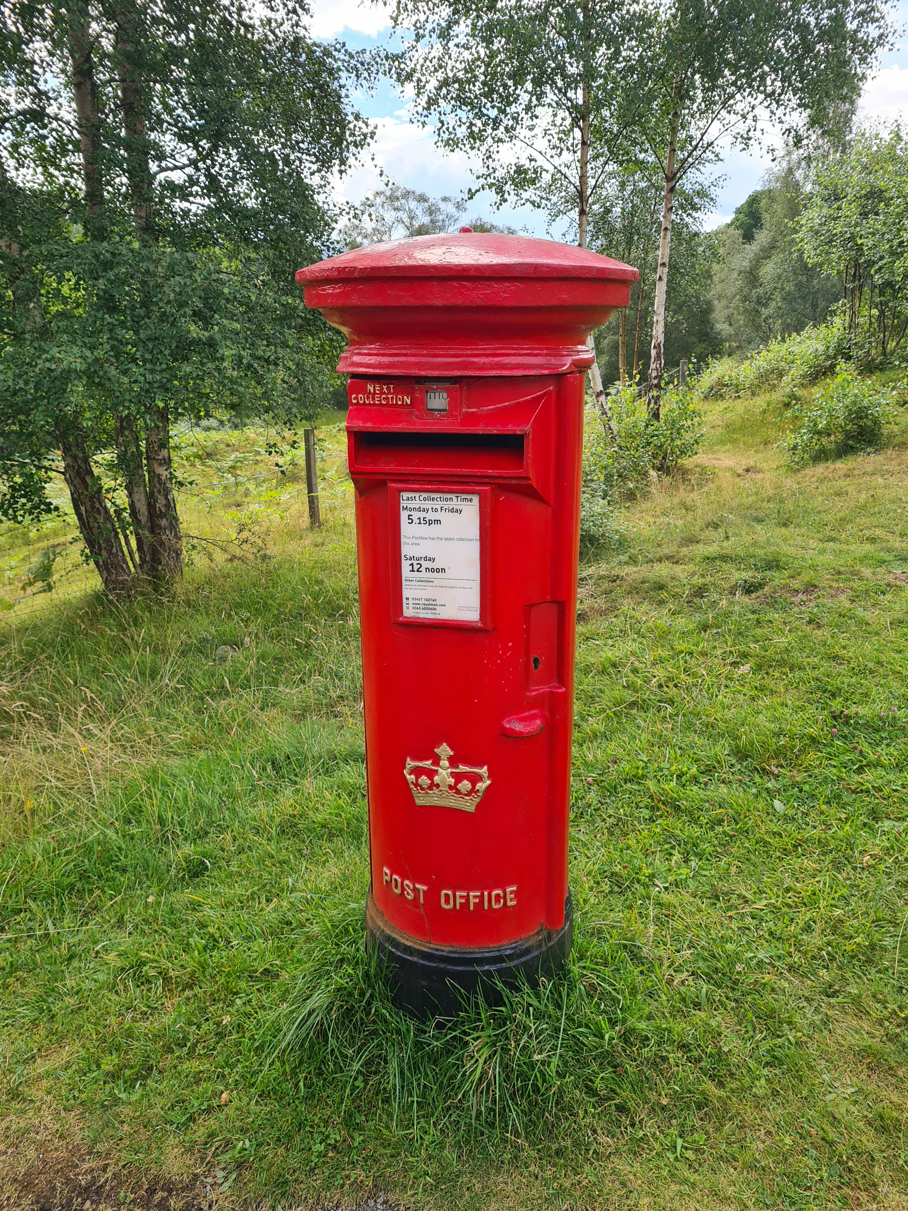 Superb example of the 1979 Nigerian pillar box, with 'Scottish' crown on door. Passed at Kincraig while backpacking the Speyside Way