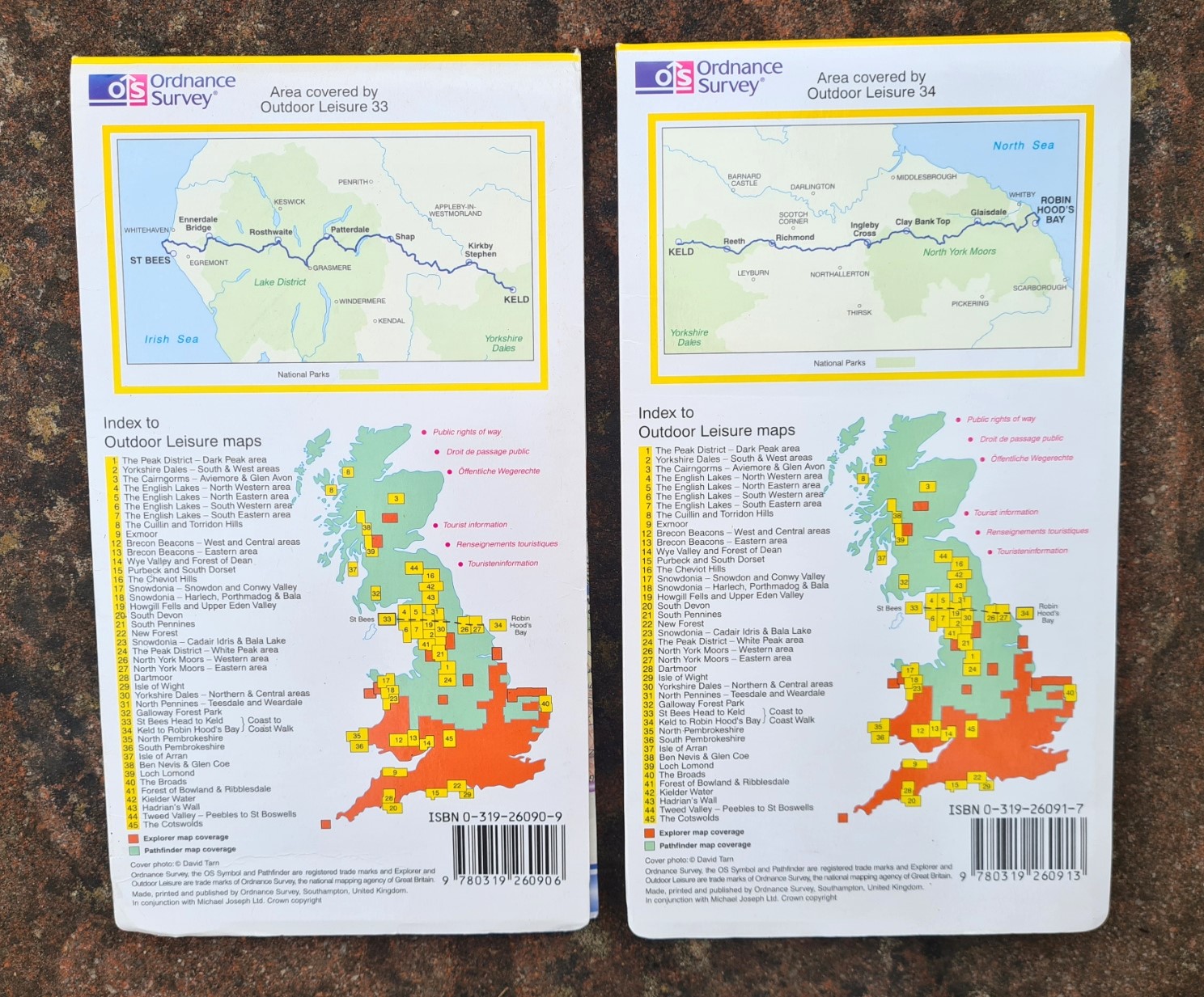 Back covers of 1999 editions of O.S. Outdoor Leisure sheets 33 and 34