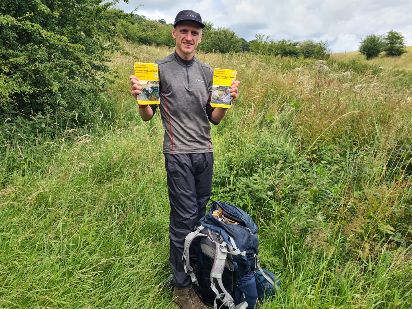 Adam was attempting to hike the Coast to Coast over eight and a half days. For navigation, he was relying his phone and thirty year old first edition Ordnance Survey strip maps Outdoor Leisure 33 and 34. He told me that not only had these been working out just fine, but Wainwrights included text on the maps acted as an informative guide too