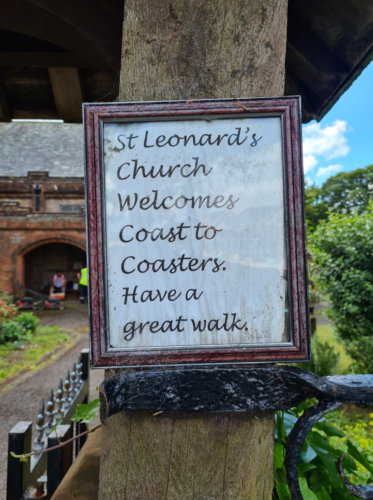 Welcoming sign at St. Leonard's, Cleator, but no facilities for an over=heating walker