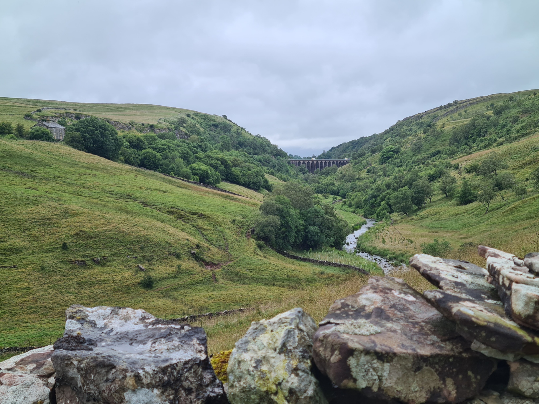 The view up the valley to the now disused railway viaduct