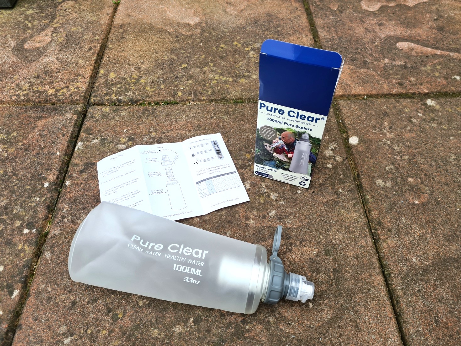 New Pure Clear mouthpiece comes with filter, 1000ml squeeze bottle, instructions and simple card packaging